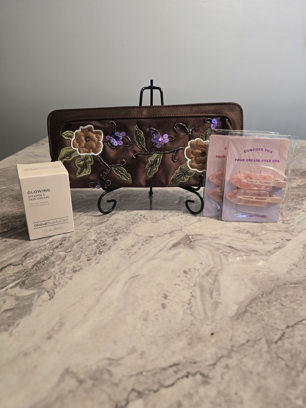 Avon Embroidered Clutch, Vitamin C skin Cream, 2 Packa Hair Clips